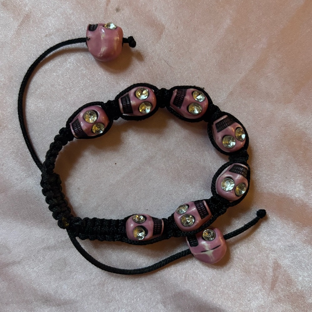 Pink Skull Beaded Bracelet with Rhinestones